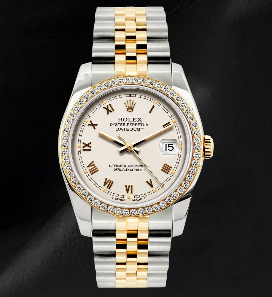 Rolex 36mm Datejust 16233 Ivory Roman Dial Two Tone Watch