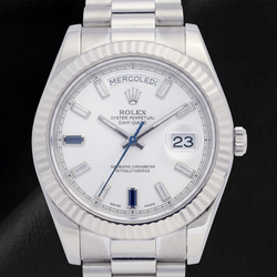 Rolex 41mm Day Date II 218239 White Baguette Diamond Dial White Gold President Bracelet 18K