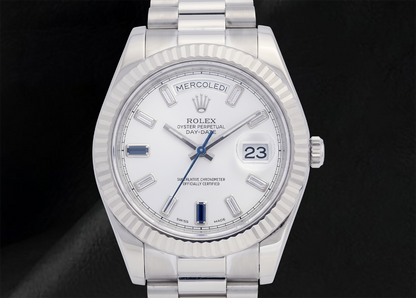 Rolex 41mm Day Date II 218239 White Baguette Diamond Dial White Gold President Bracelet 18K