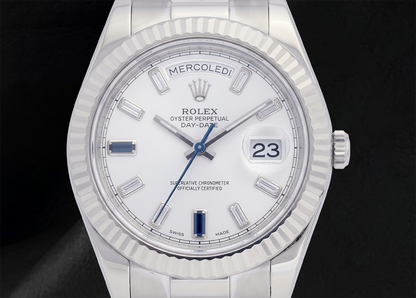 Rolex 41mm Day Date II 218239 White Baguette Diamond Dial White Gold President Bracelet 18K