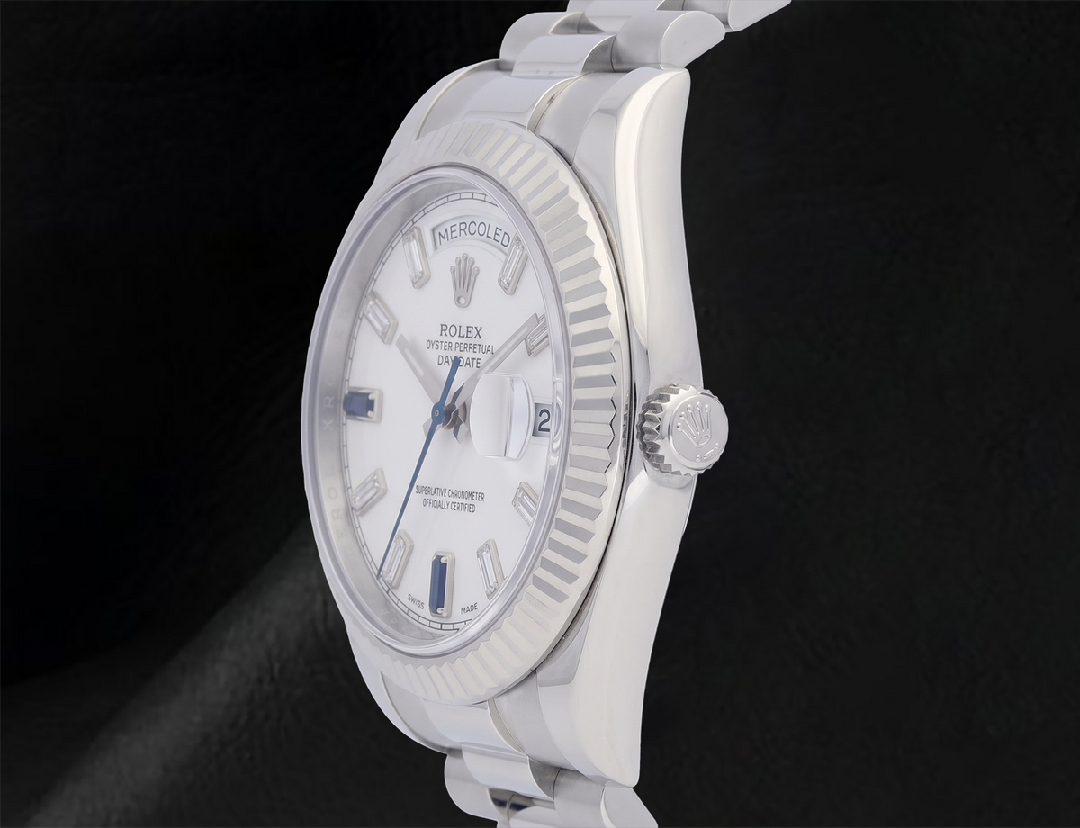 Rolex 41mm Day Date II 218239 White Baguette Diamond Dial White Gold President Bracelet 18K