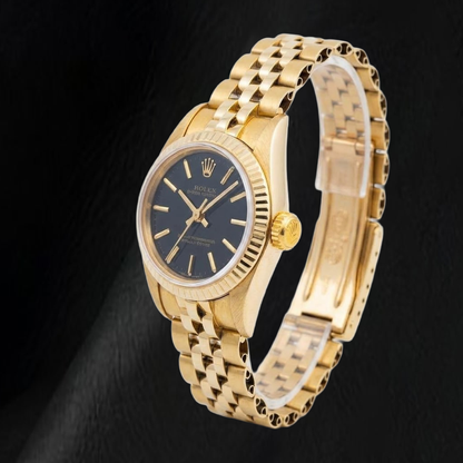 Rolex 67197 Oyster Prepetual Black Stick Dial 24mm Yellow Gold Ladies Watch