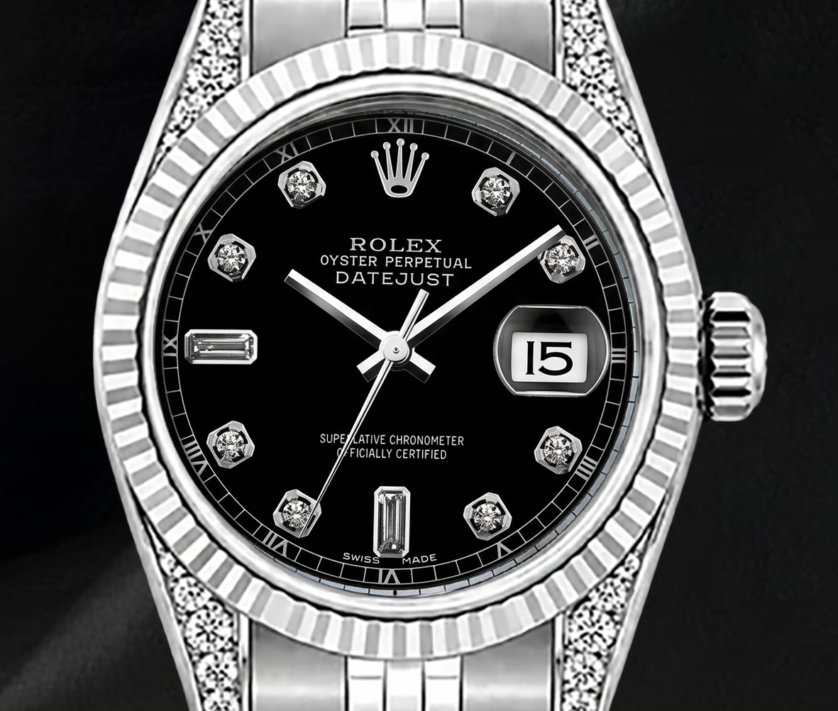 Rolex 6916 Black Diamond Dial 26mm Fluted Bezel Stainless Steel Watch