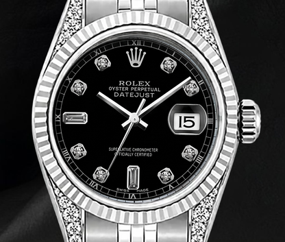 Rolex 6916 Black Diamond Dial 26mm Fluted Bezel Stainless Steel Watch