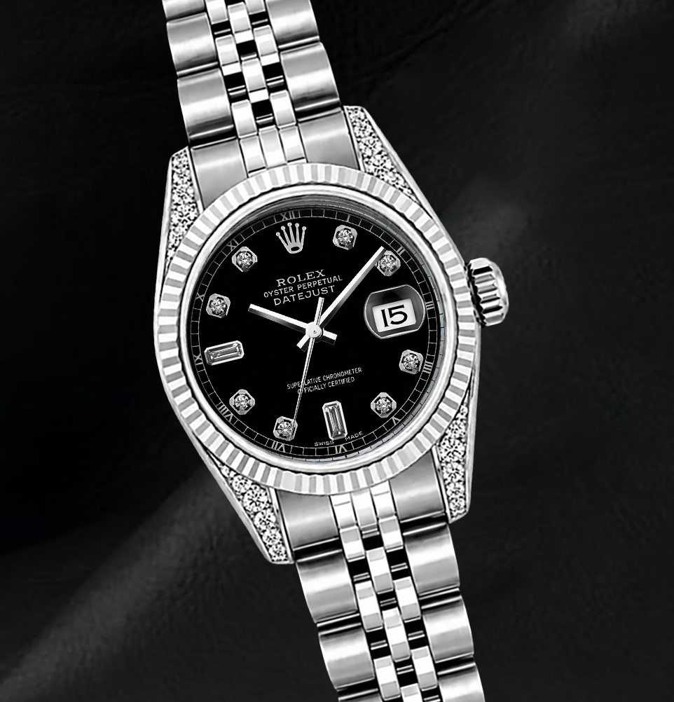Rolex 6916 Black Diamond Dial 26mm Fluted Bezel Stainless Steel Watch