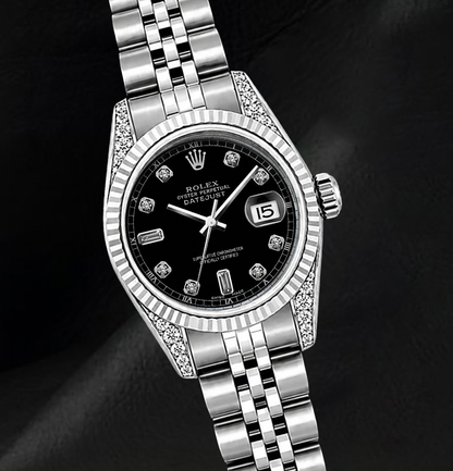 Rolex 6916 Black Diamond Dial 26mm Fluted Bezel Stainless Steel Watch