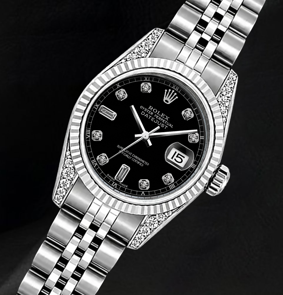 Rolex 6916 Black Diamond Dial 26mm Fluted Bezel Stainless Steel Watch