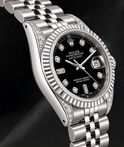 Rolex 6916 Black Diamond Dial 26mm Fluted Bezel Stainless Steel Watch