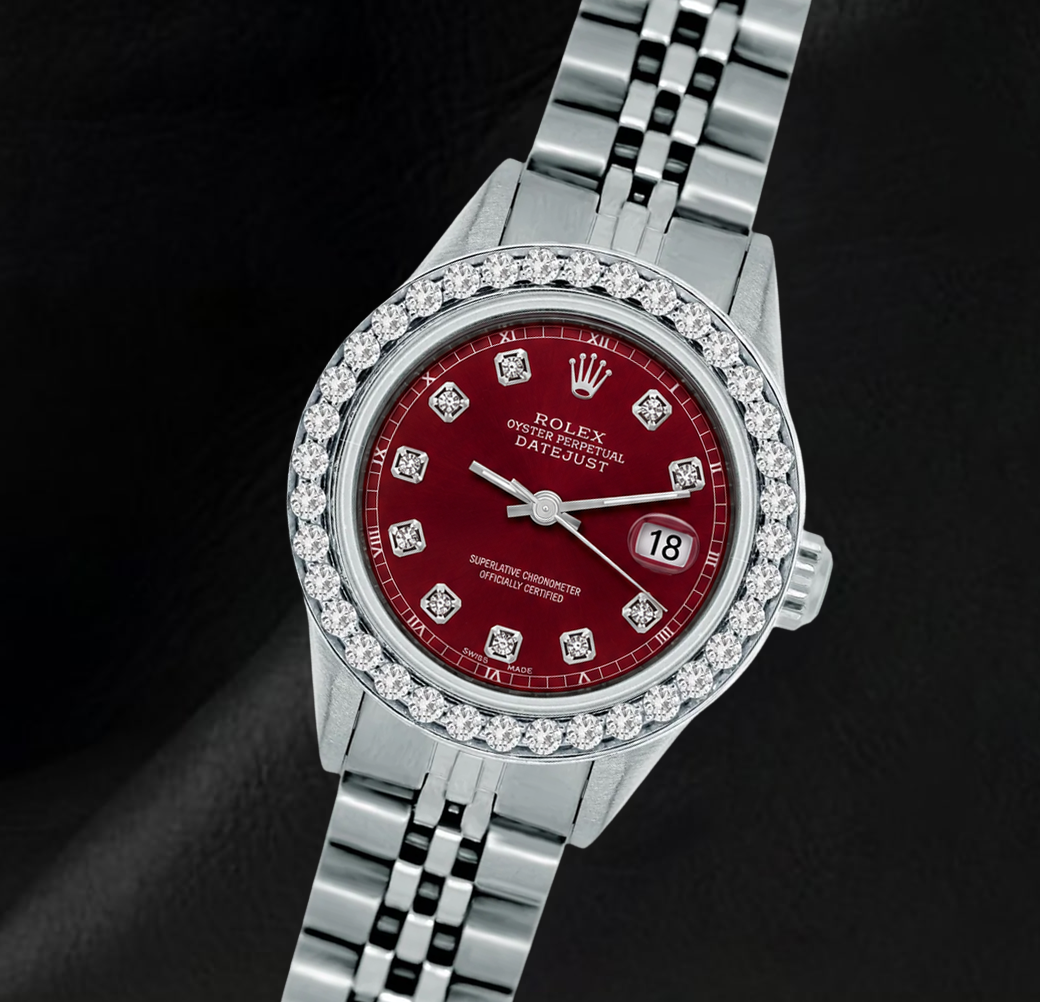 Rolex 6916 Datejust 26mm Red Diamond Dial Stainless Steel Diamond Bezel Watch
