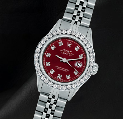 Rolex 6916 Datejust 26mm Red Diamond Dial Stainless Steel Diamond Bezel Watch