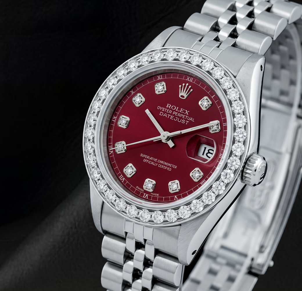 Rolex 6916 Datejust 26mm Red Diamond Dial Stainless Steel Diamond Bezel Watch