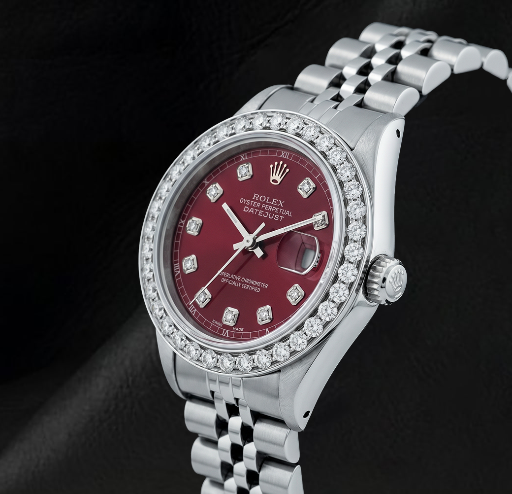 Rolex 6916 Datejust 26mm Red Diamond Dial Stainless Steel Diamond Bezel Watch