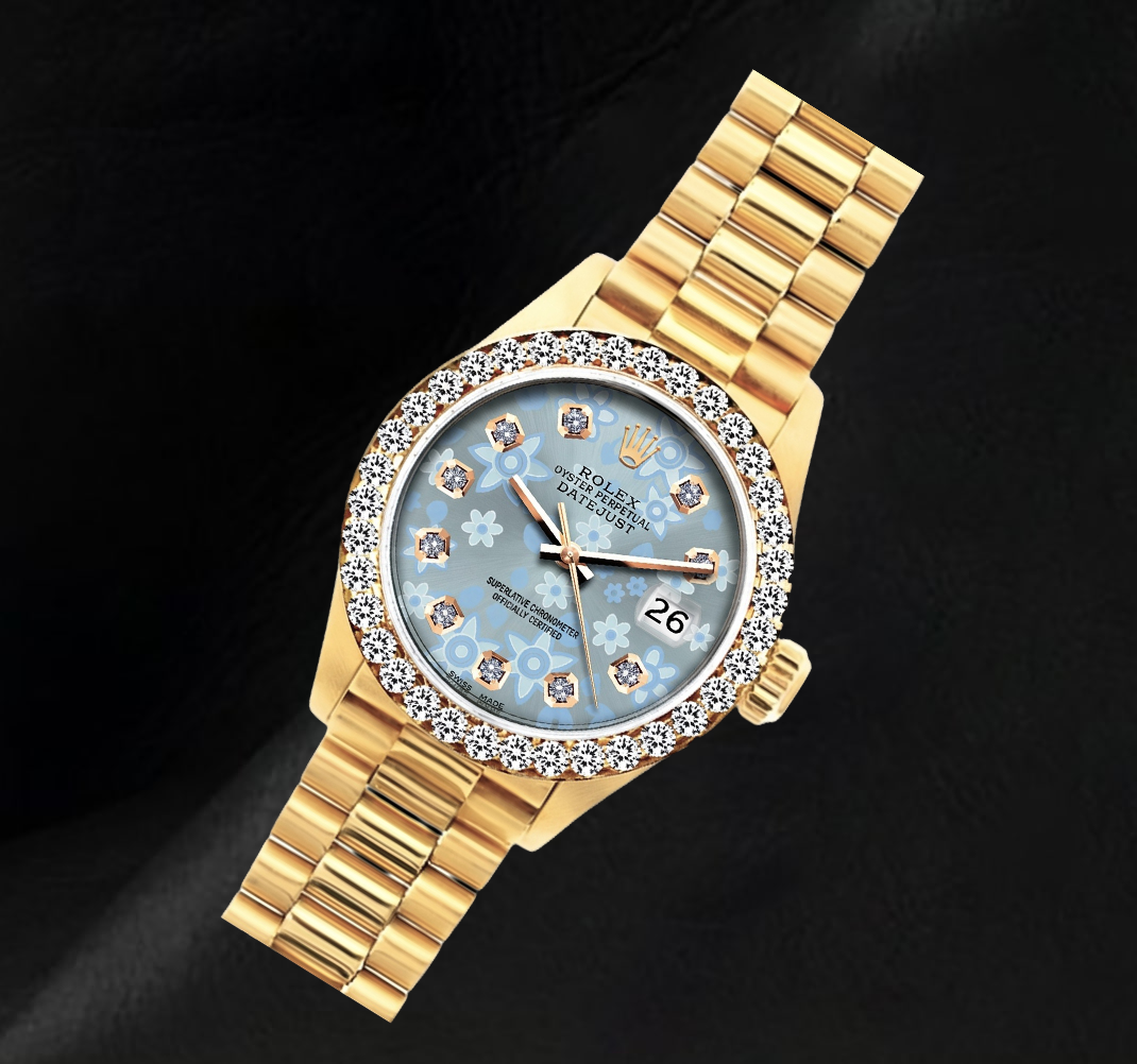 Rolex 69178 Datejust 26mm Ice Blue Floral Diamond Dial President Bracelet Watch 18K