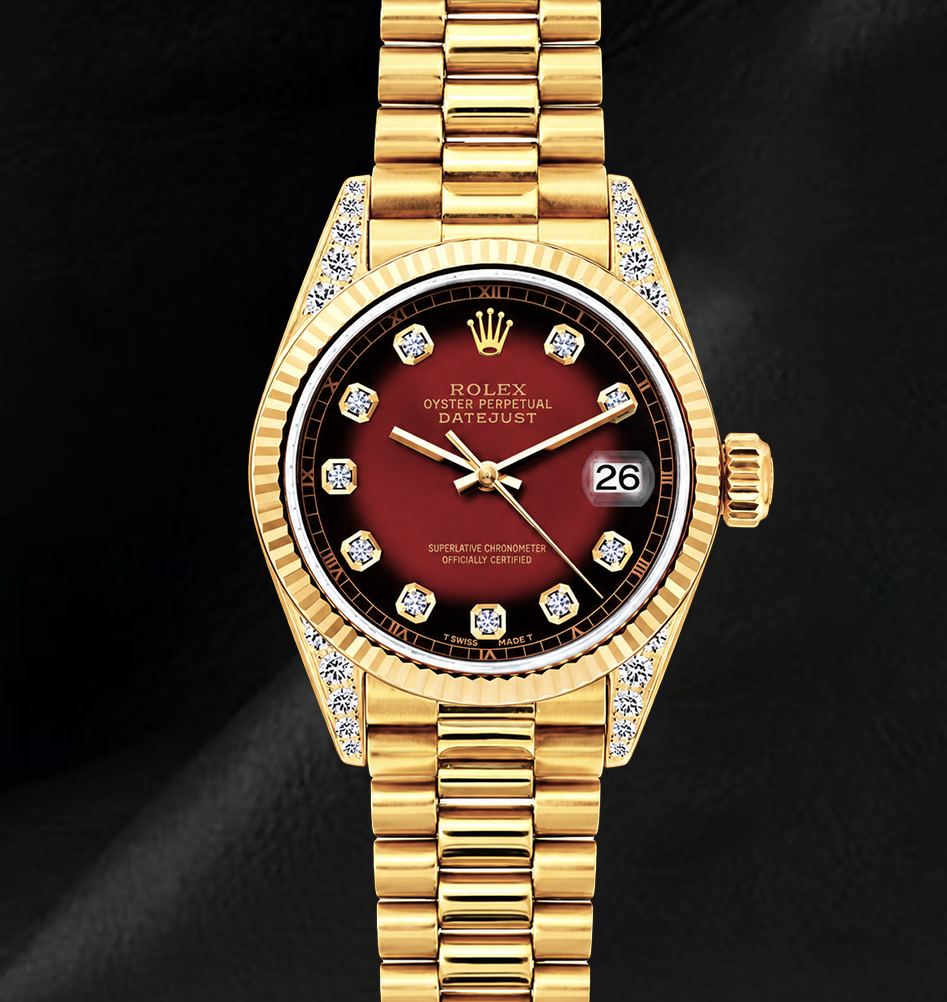 Rolex 69178 Datejust 26mm Red Diamond Dial Yellow Gold President Bracelet 18K Watch