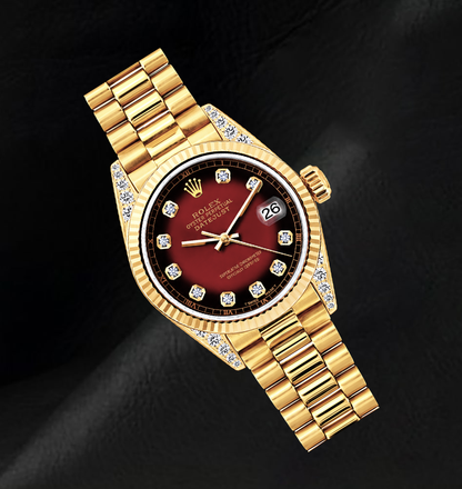 Rolex 69178 Datejust 26mm Red Diamond Dial Yellow Gold President Bracelet 18K Watch
