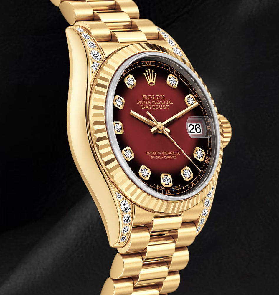 Rolex 69178 Datejust 26mm Red Diamond Dial Yellow Gold President Bracelet 18K Watch