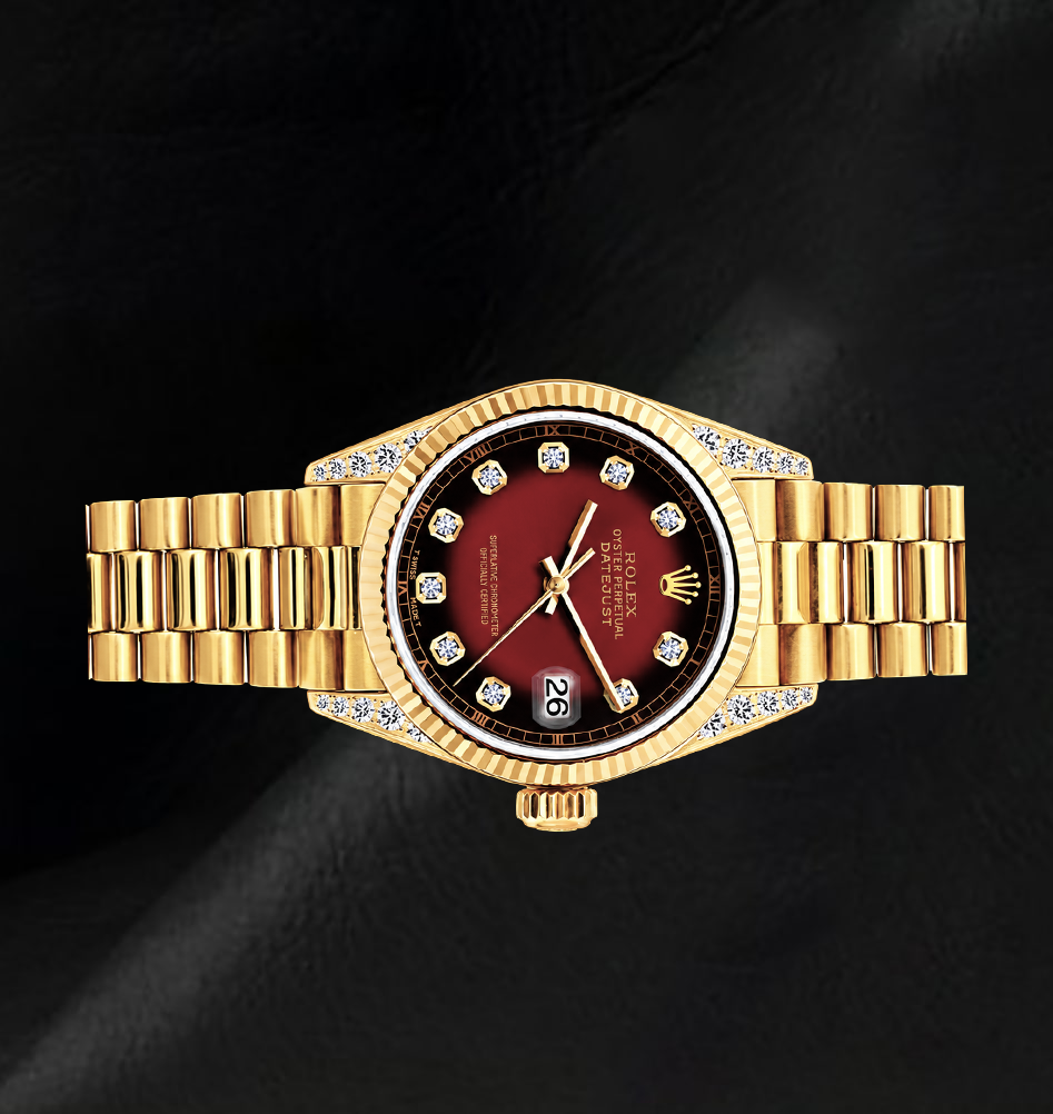 Rolex 69178 Datejust 26mm Red Diamond Dial Yellow Gold President Bracelet 18K Watch