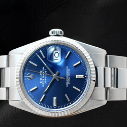 Rolex Blue Stick Dial Datejust 36mm Fluted Bezel Stainless Steel Watch