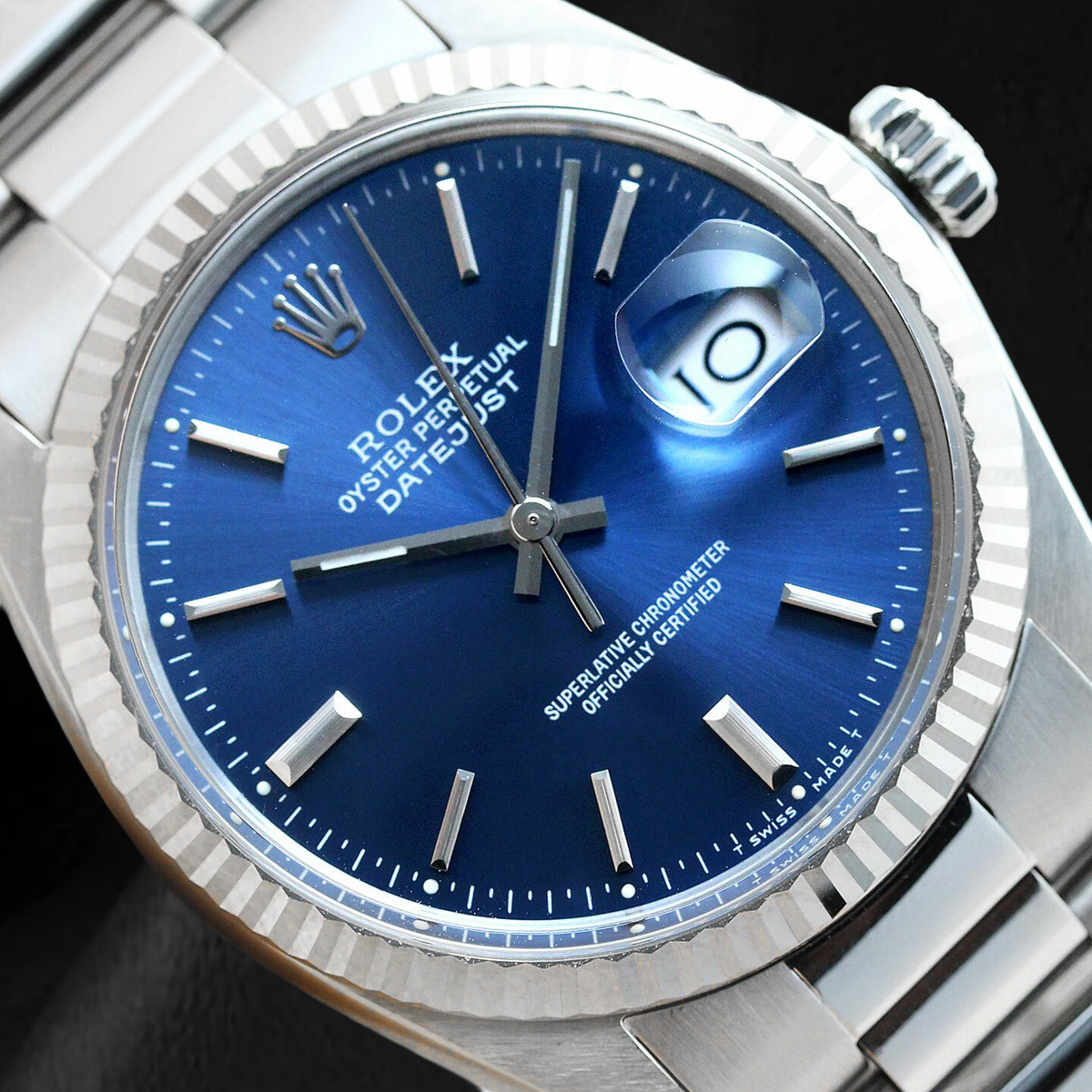 Rolex Blue Stick Dial Datejust 36mm Fluted Bezel Stainless Steel Watch
