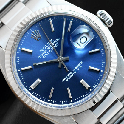 Rolex Blue Stick Dial Datejust 36mm Fluted Bezel Stainless Steel Watch