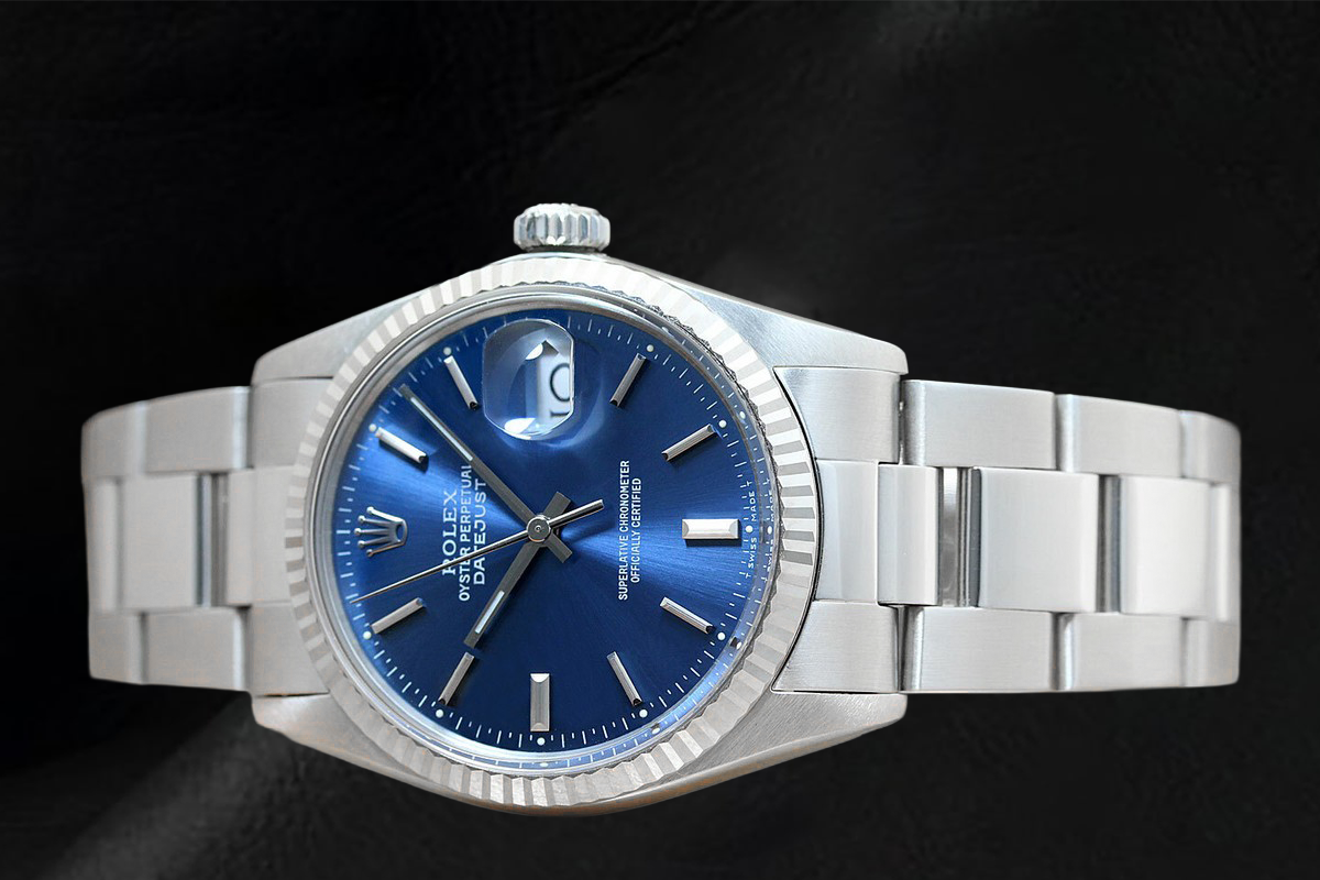 Rolex Blue Stick Dial Datejust 36mm Fluted Bezel Stainless Steel Watch