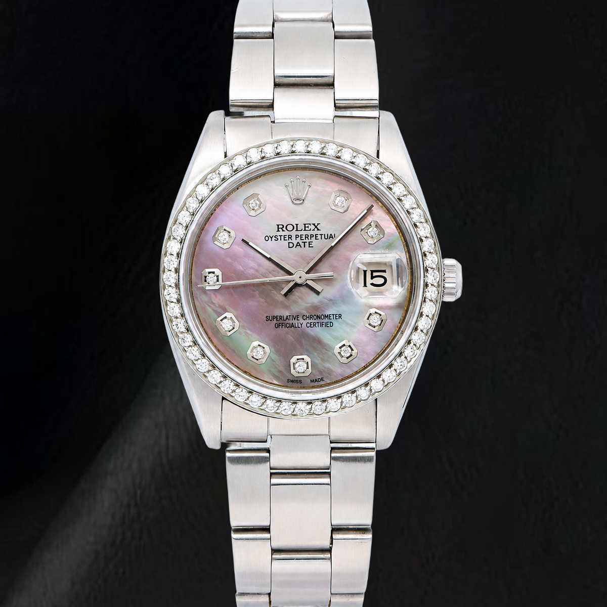 Rolex Date 1500 34mm Black Mother Of Pearl Diamond Dial Two Tone Watch