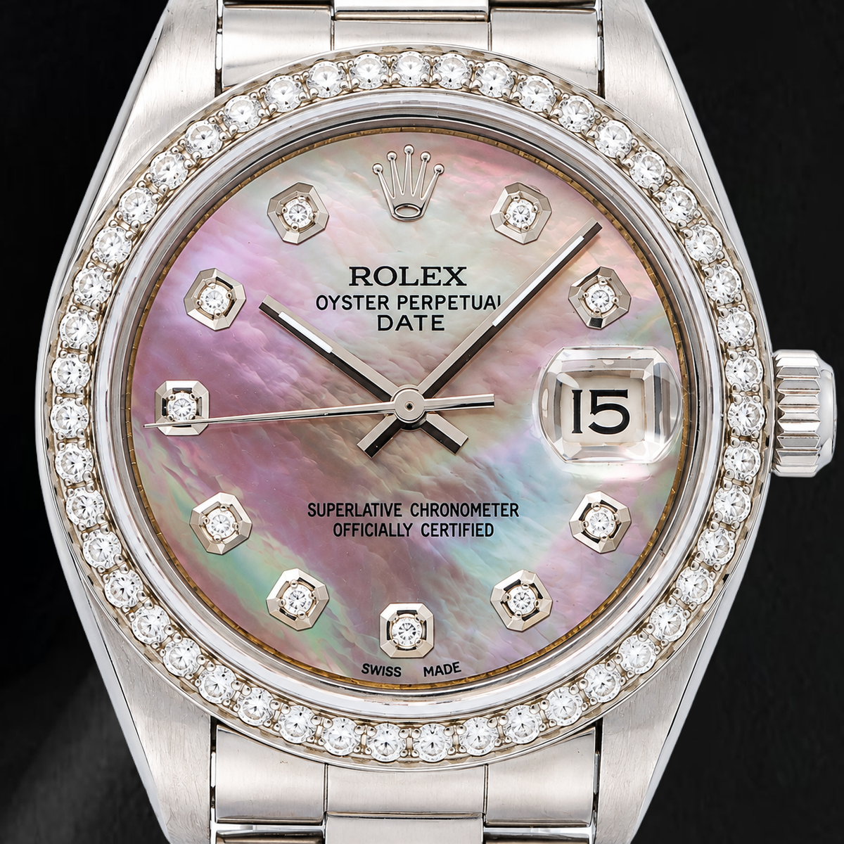 Rolex Date 1500 34mm Black Mother Of Pearl Diamond Dial Two Tone Watch