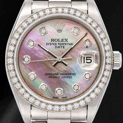 Rolex Date 1500 34mm Black Mother Of Pearl Diamond Dial Two Tone Watch