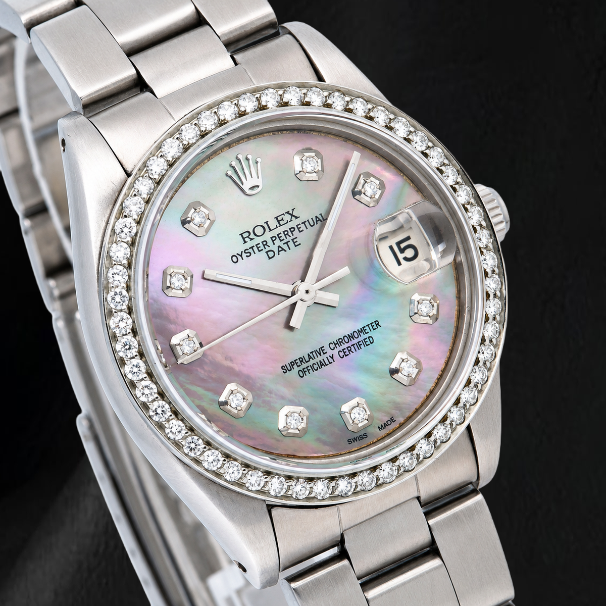 Rolex Date 1500 34mm Black Mother Of Pearl Diamond Dial Two Tone Watch