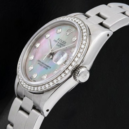 Rolex Date 1500 34mm Black Mother Of Pearl Diamond Dial Two Tone Watch