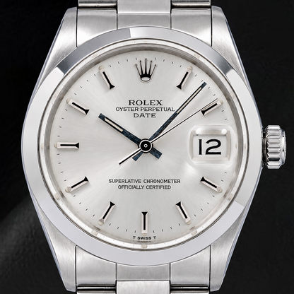 Rolex Date 1500 34mm Silver Stick Dial Stainless Steel Watch