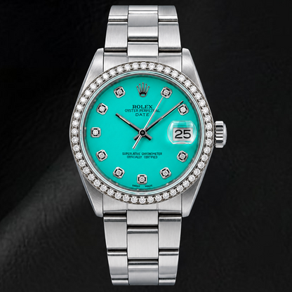 Rolex Date 1500 34mm Turquoise Diamond Dial Stainless Steel Watch