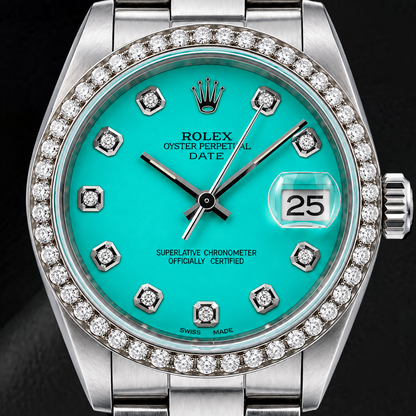Rolex Date 1500 34mm Turquoise Diamond Dial Stainless Steel Watch