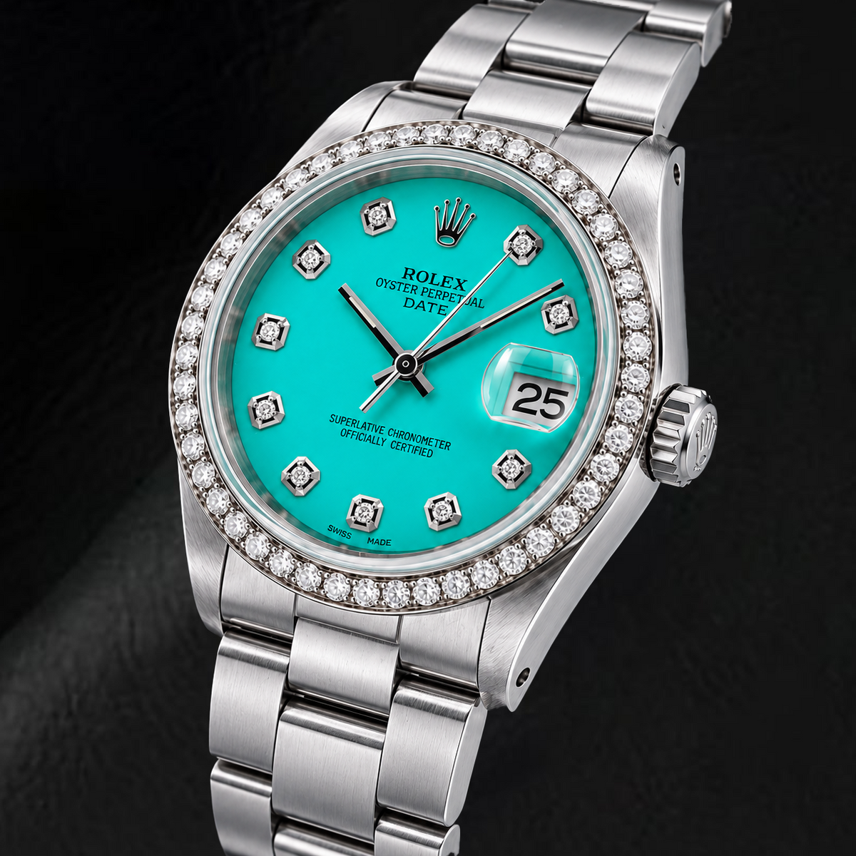 Rolex Date 1500 34mm Turquoise Diamond Dial Stainless Steel Watch