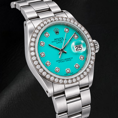 Rolex Date 1500 34mm Turquoise Diamond Dial Stainless Steel Watch