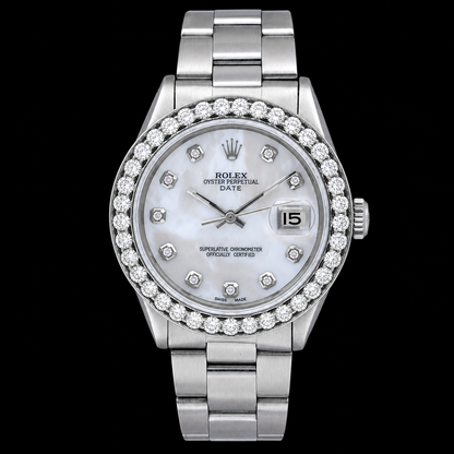 Rolex Date 1500 34mm White Mother of Pearl Diamond Dial Stainless Steel 