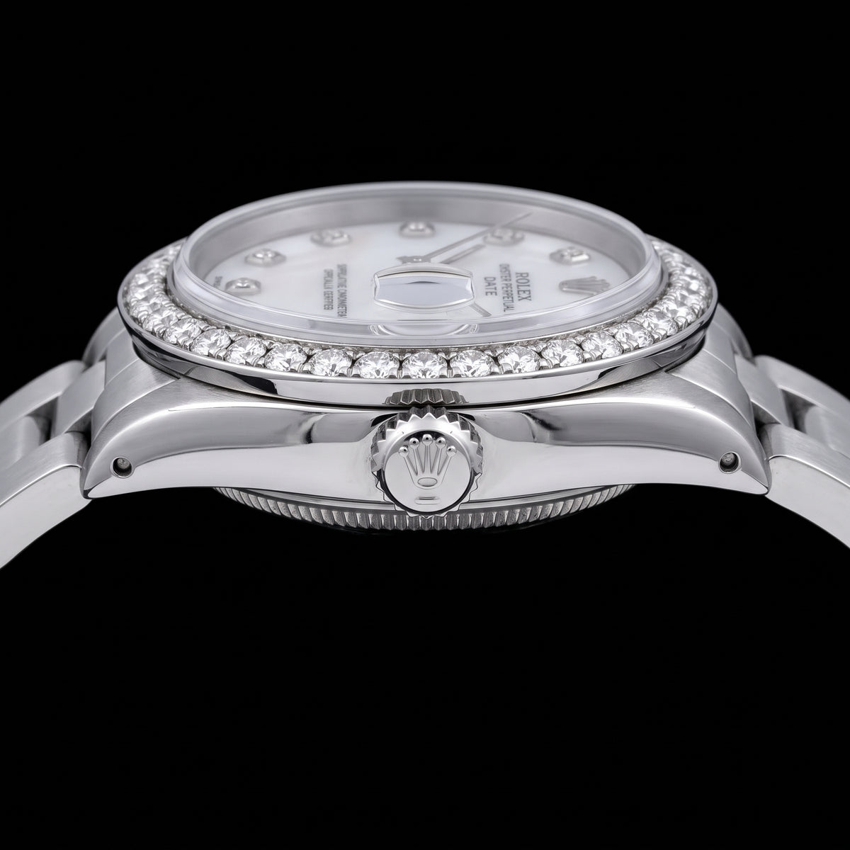 Rolex Date 1500 34mm White Mother of Pearl Diamond Dial Stainless Steel 