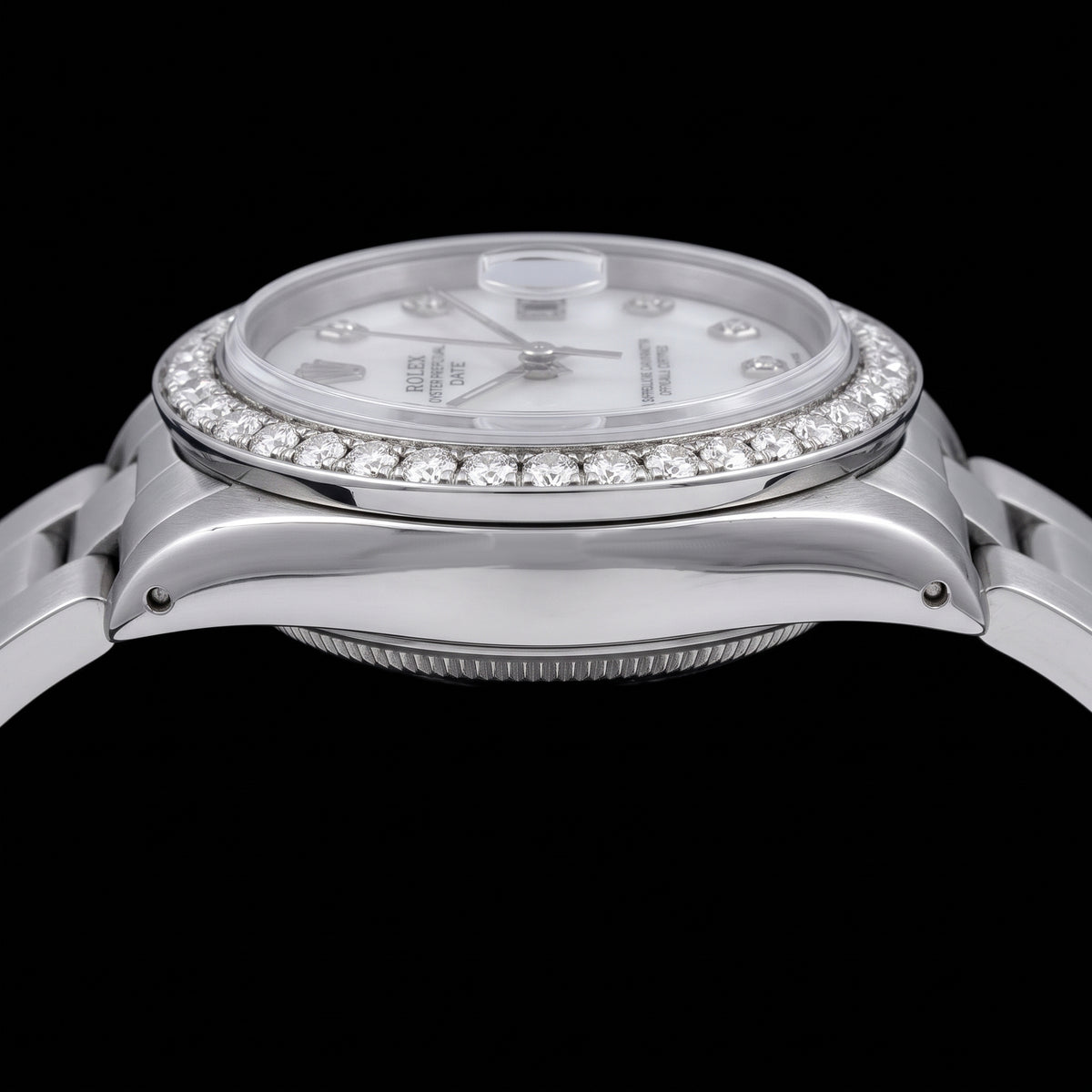 Rolex Date 1500 34mm White Mother of Pearl Diamond Dial Stainless Steel 
