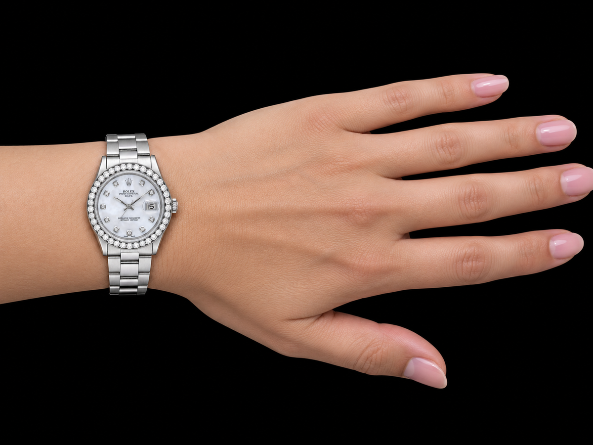 Rolex Date 1500 34mm White Mother of Pearl Diamond Dial Stainless Steel 
