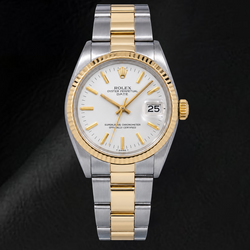 Rolex Date 1500 34mm White Stick Dial Two Tone Watch