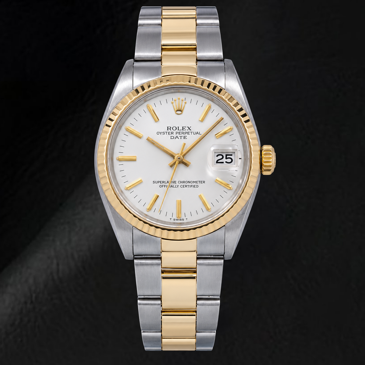 Rolex Date 1500 34mm White Stick Dial Two Tone Watch