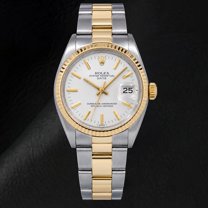 Rolex Date 1500 34mm White Stick Dial Two Tone Watch