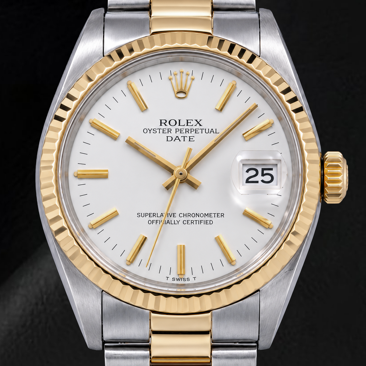 Rolex Date 1500 34mm White Stick Dial Two Tone Watch