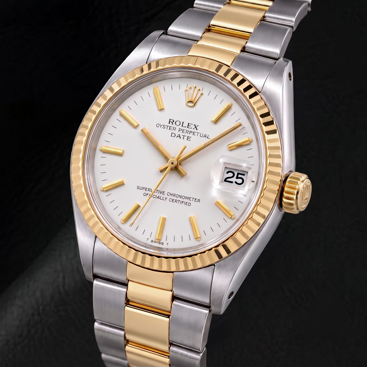 Rolex Date 1500 34mm White Stick Dial Two Tone Watch