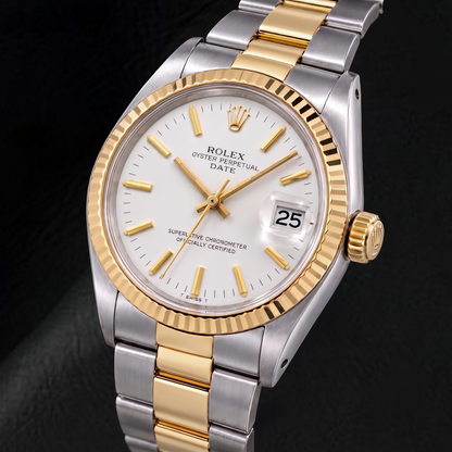 Rolex Date 1500 34mm White Stick Dial Two Tone Watch