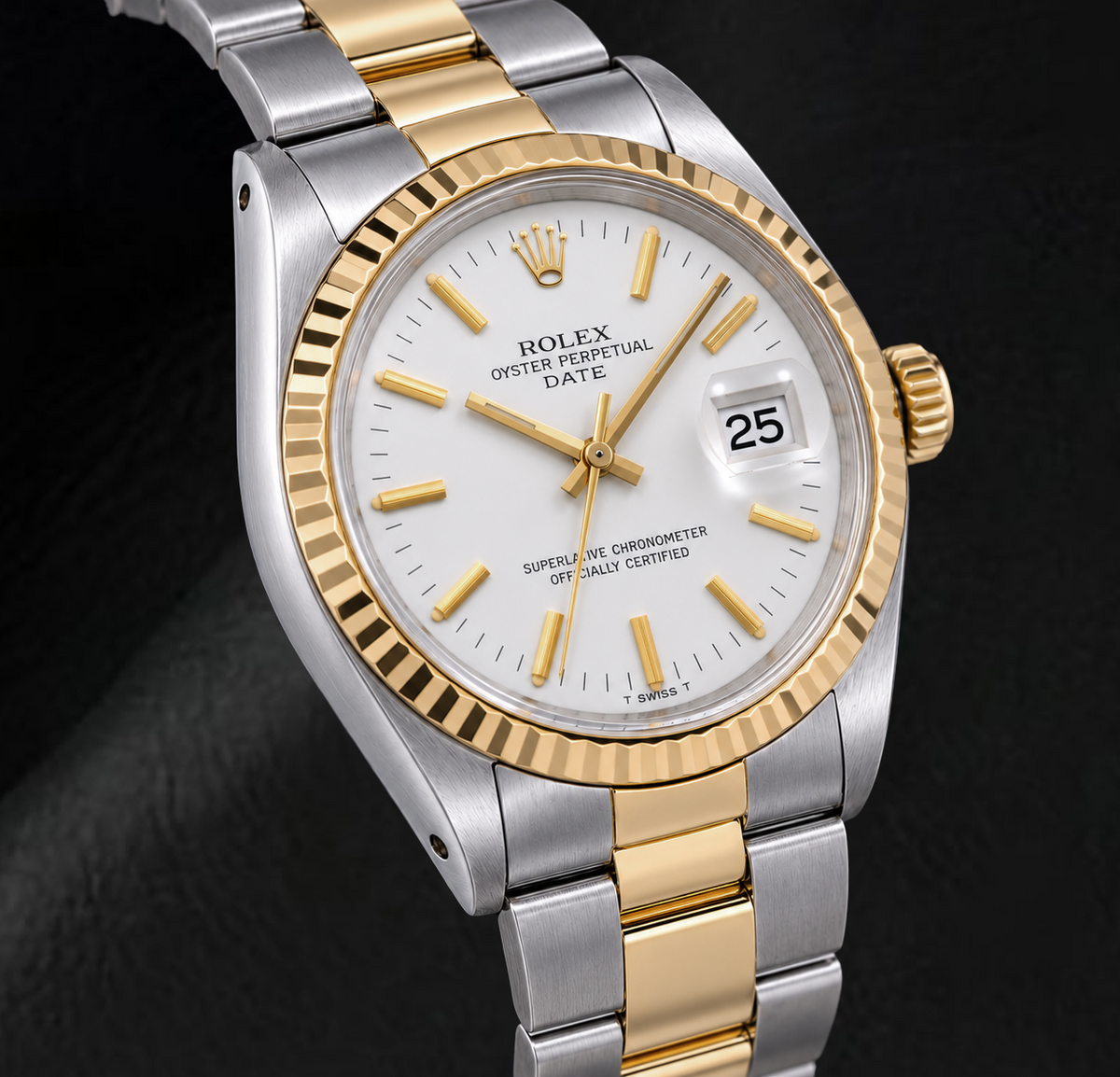 Rolex Date 1500 34mm White Stick Dial Two Tone Watch