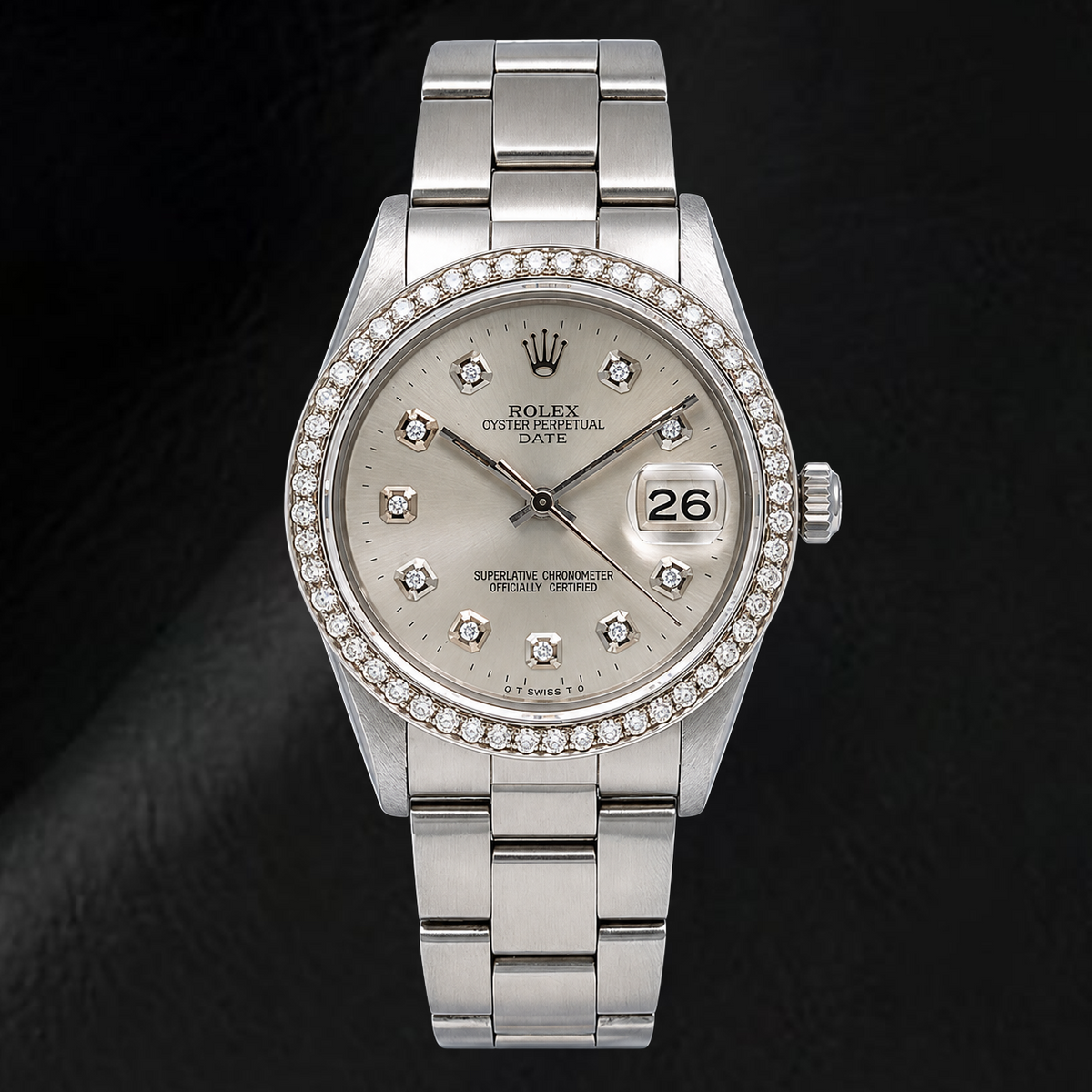 Rolex Date 15010 34mm Silver Diamond Dial Stainless Steel Watch