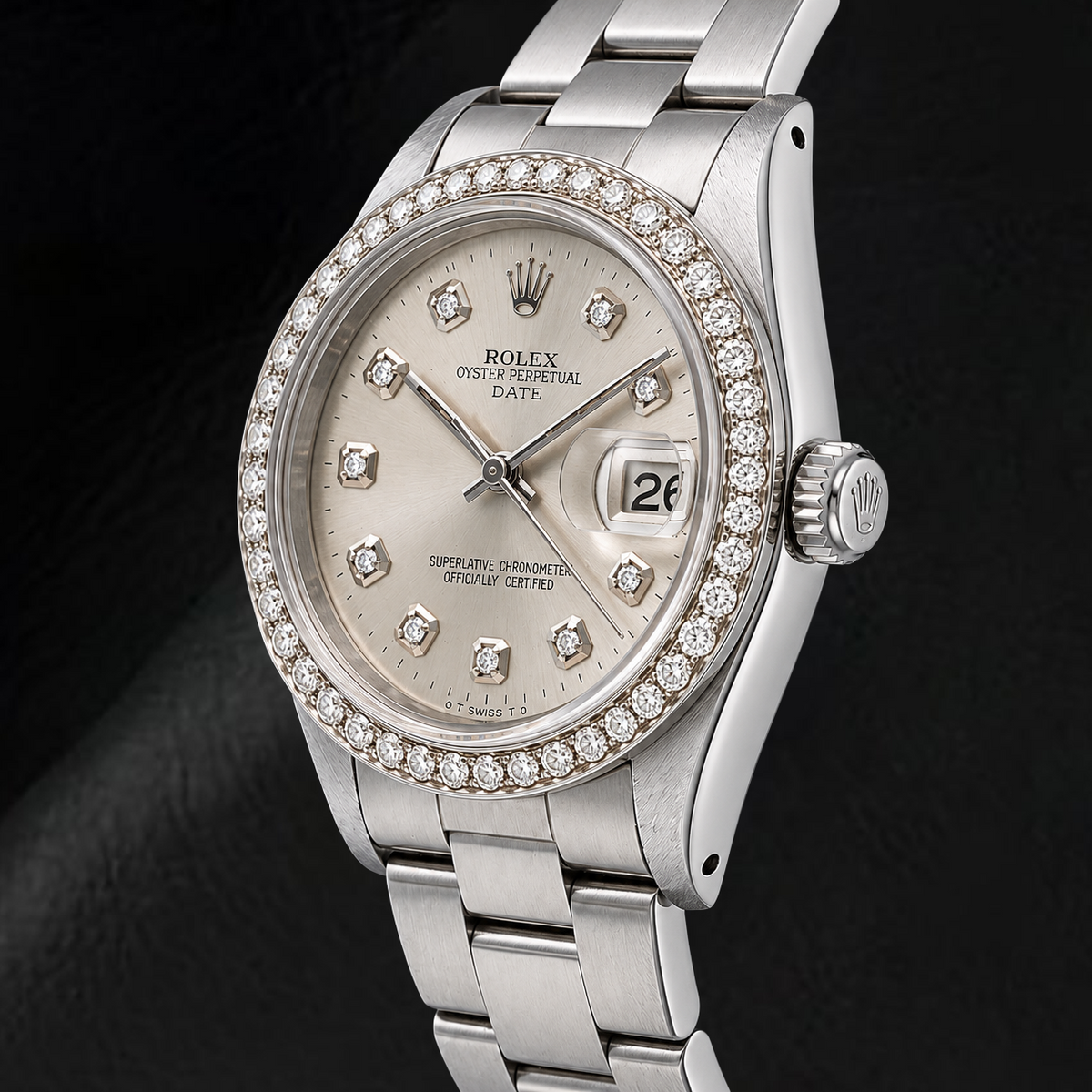 Rolex Date 15010 34mm Silver Diamond Dial Stainless Steel Watch