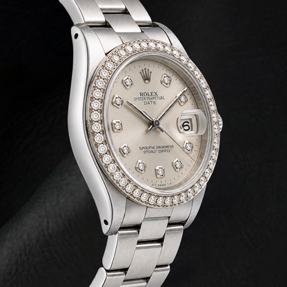 Rolex Date 15010 34mm Silver Diamond Dial Stainless Steel Watch