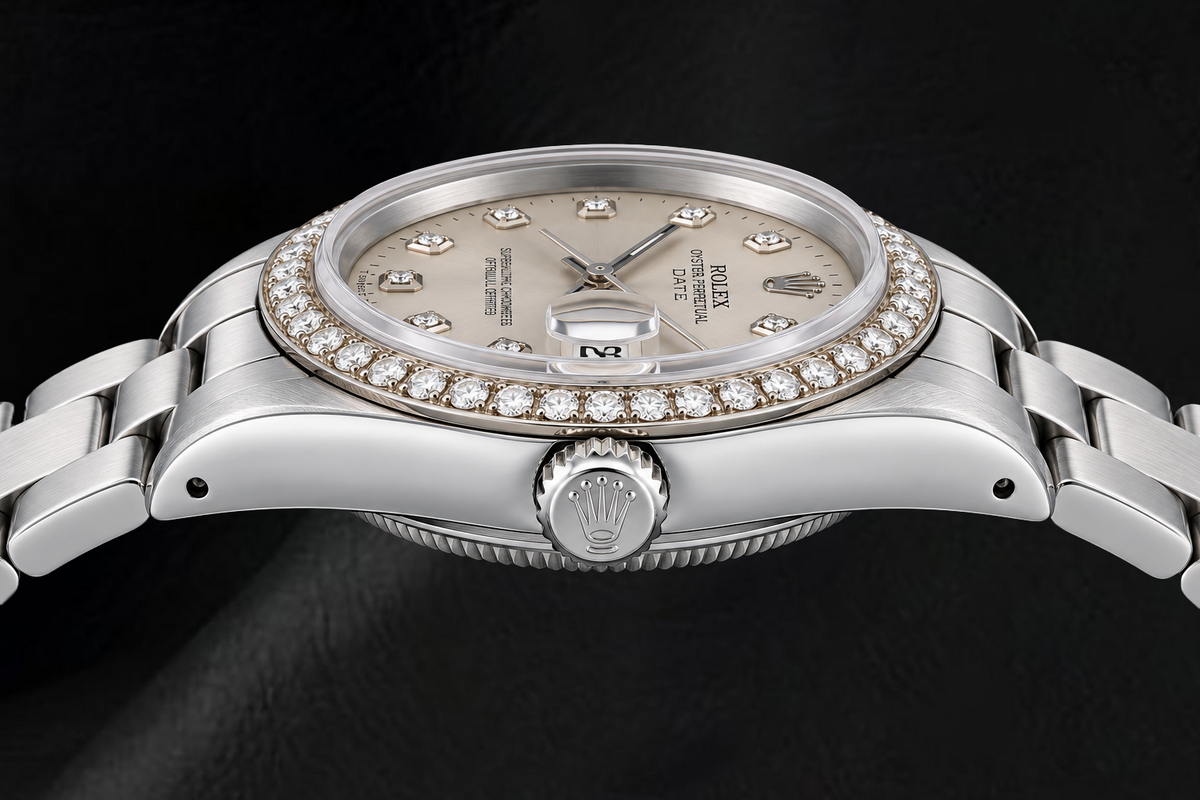 Rolex Date 15010 34mm Silver Diamond Dial Stainless Steel Watch